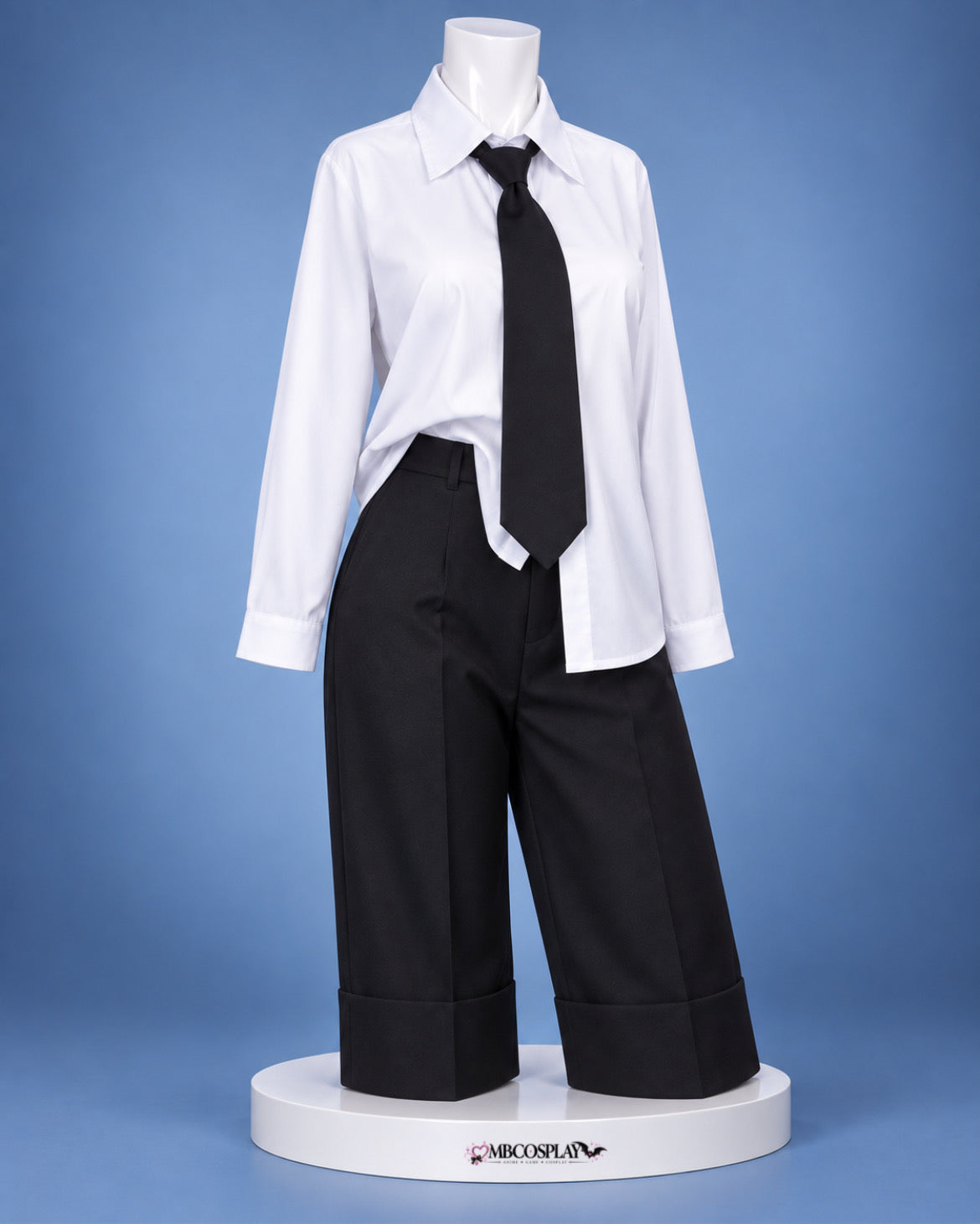Power cosplay uniform from Chainsaw Man showing the white shirt, black tie and wide-leg trousers