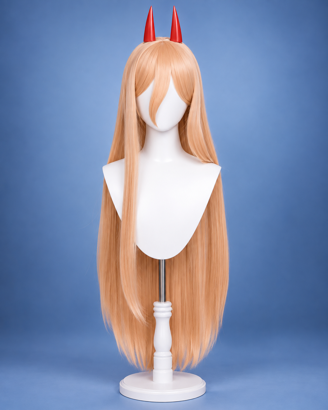 Long strawberry-blonde Power cosplay wig with red Blood Fiend horns displayed from the front