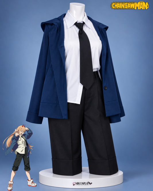 Front view of Power's Chainsaw Man Public Safety uniform with blue jacket, white shirt, black tie and trousers