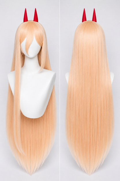 Power cosplay wig back view showcasing long silky pastel peach pink synthetic hair with red devil horns on the MBCosplay signature white mannequin bust in a professional studio product photograph.