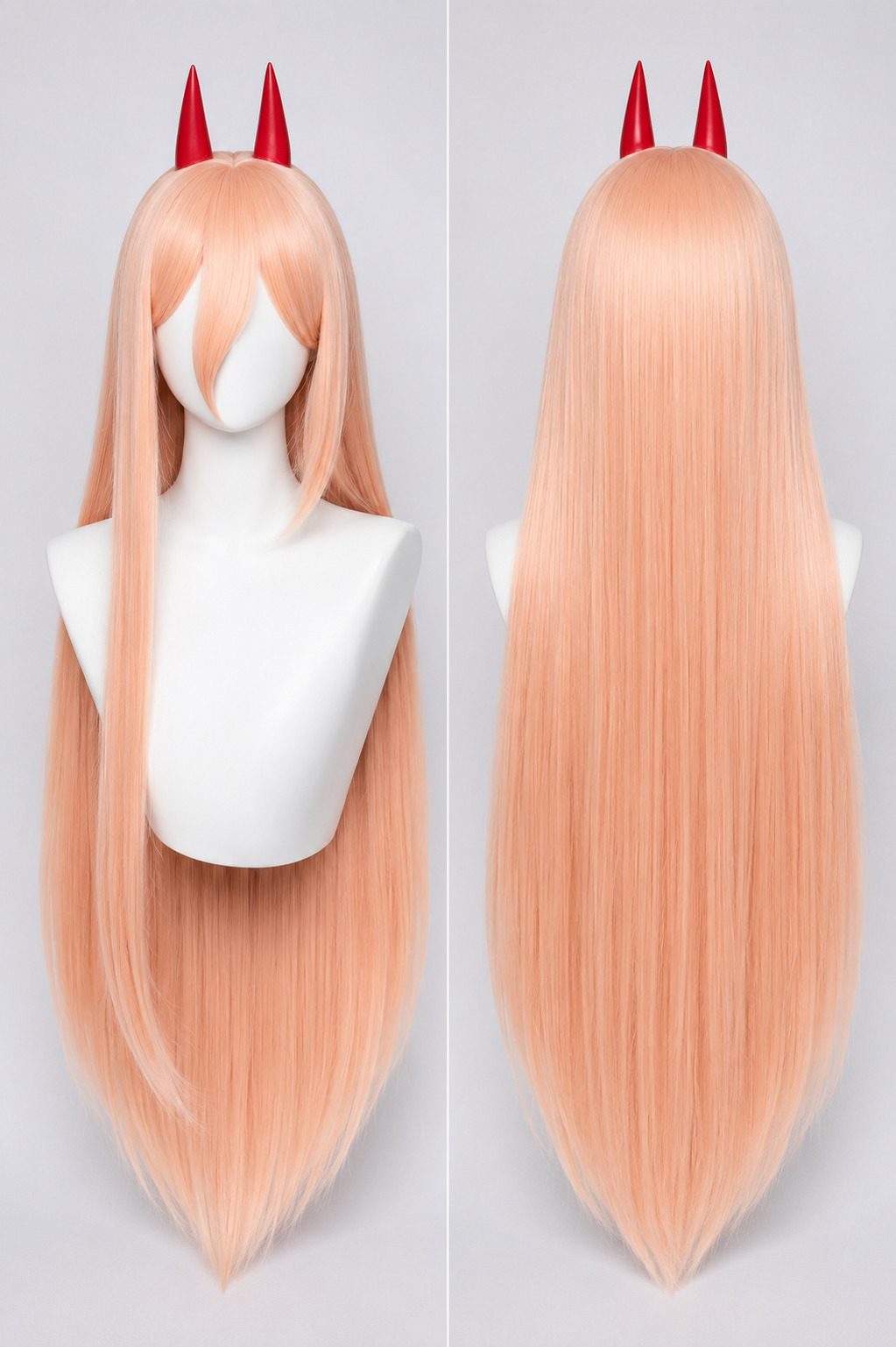 Power cosplay wig front view featuring long straight pastel peach pink synthetic fibres, signature red devil horns and anime fringe displayed on the MBCosplay white mannequin bust with premium studio lighting.