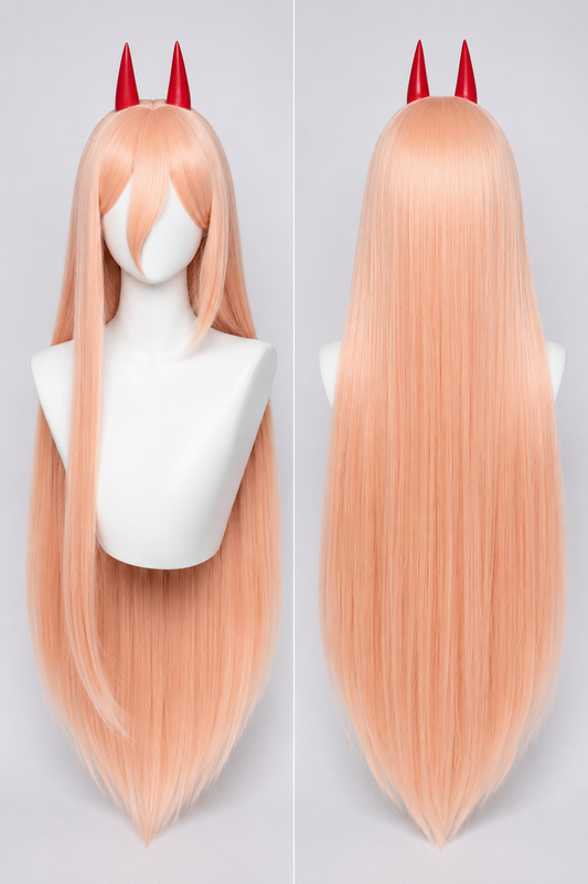 Power cosplay wig front view featuring long straight pastel peach pink synthetic fibres, signature red devil horns and anime fringe displayed on the MBCosplay white mannequin bust with premium studio lighting.