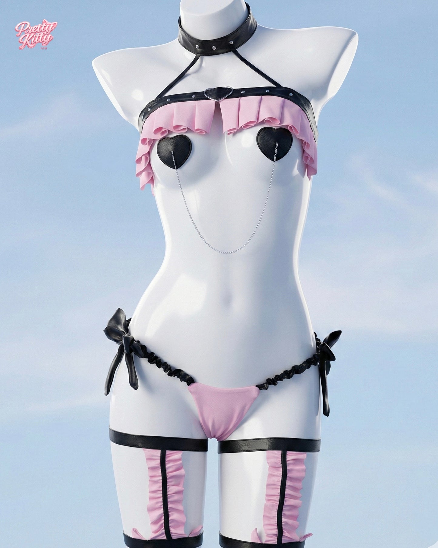 Front view of the pink and black Love Lock tactical set featuring heart pasties and body chains.