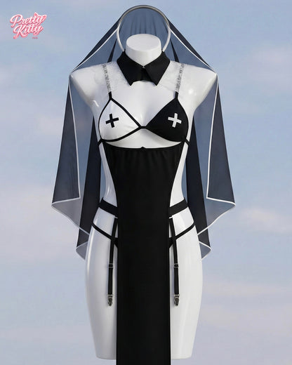 Front view of the black and white Midnight Veil cosplay set featuring a tactical habit and sheer veil.