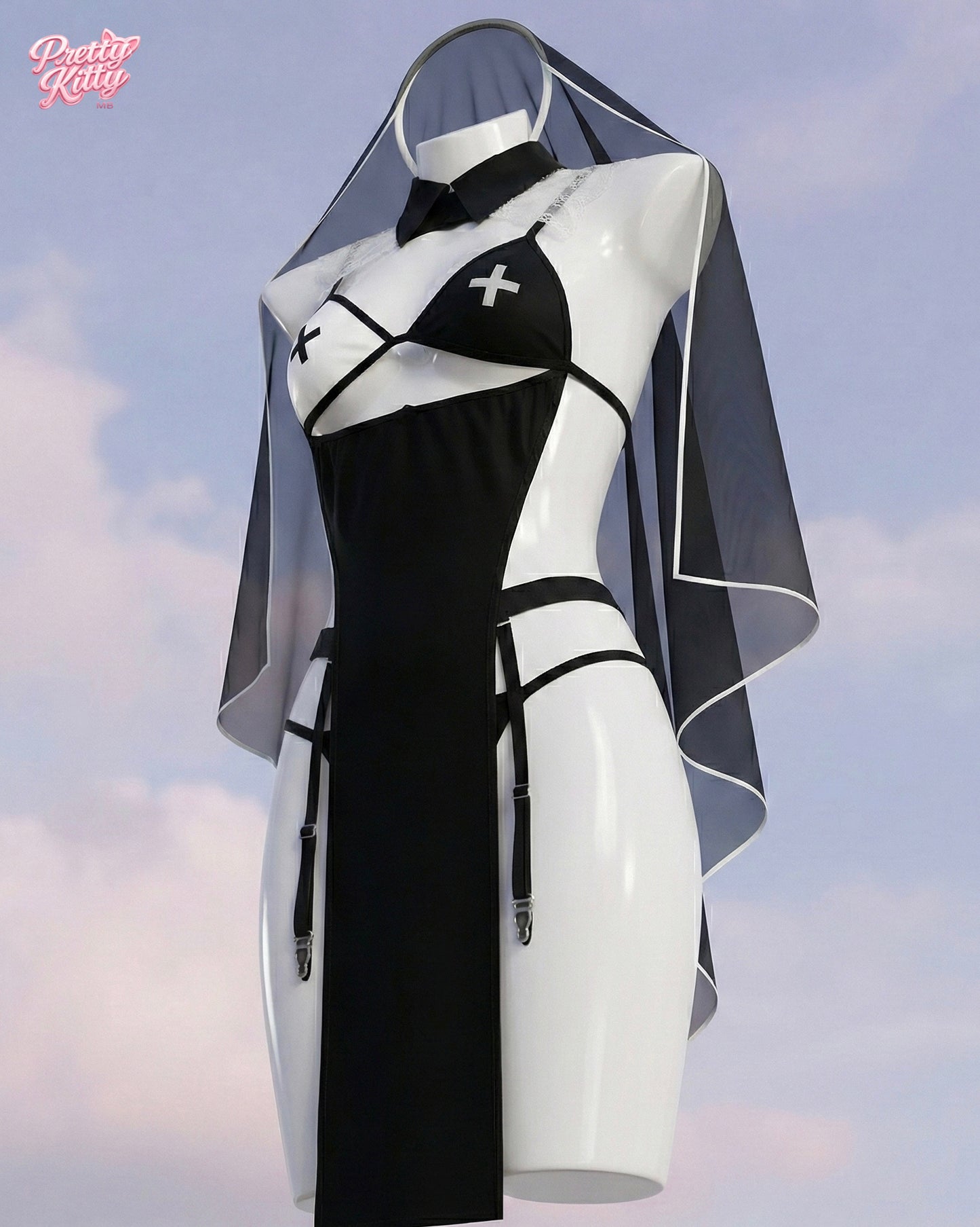 Side angle of the Midnight Veil set showing garter details and veil drape.