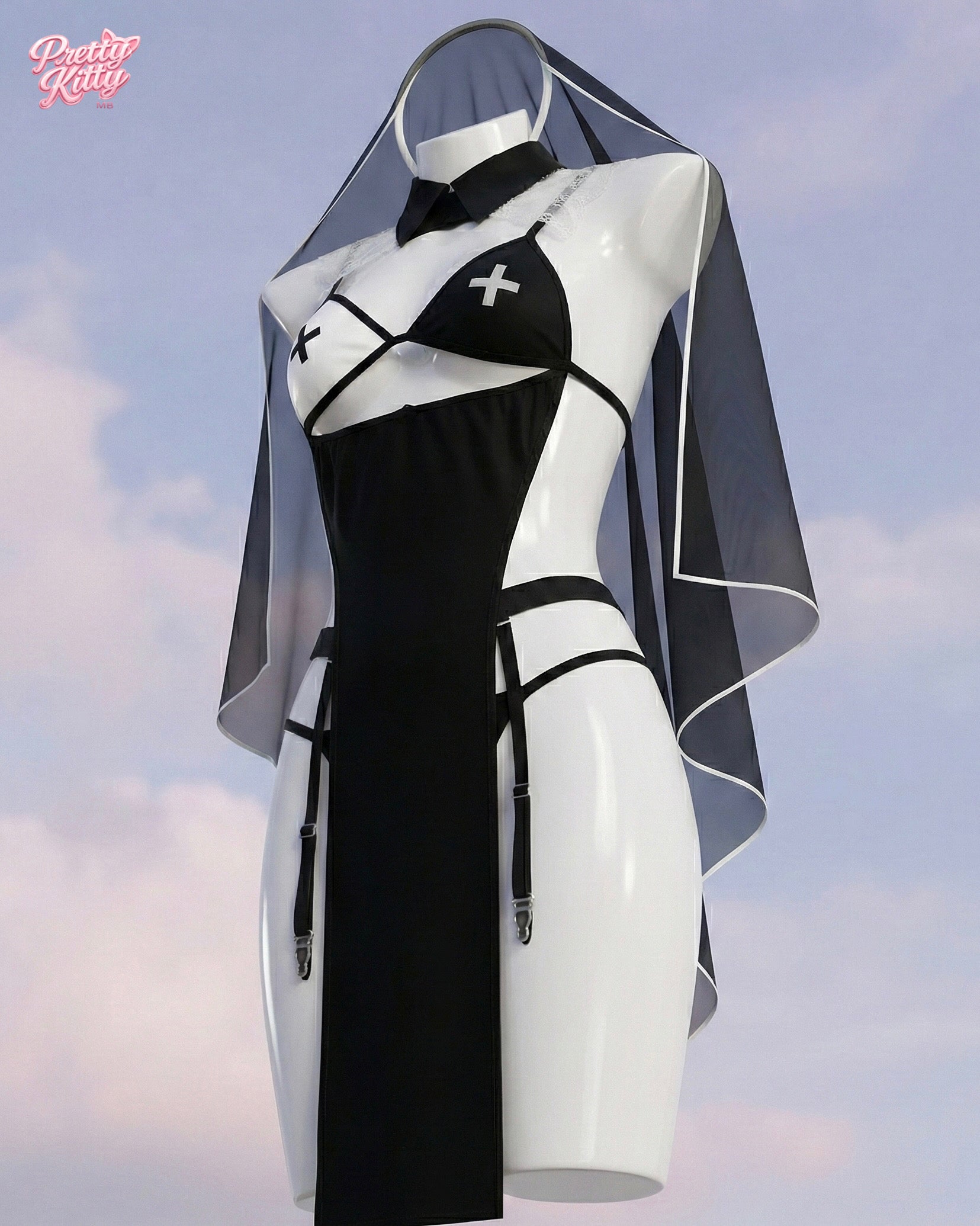 Side angle of the Midnight Veil set showing garter details and veil drape.