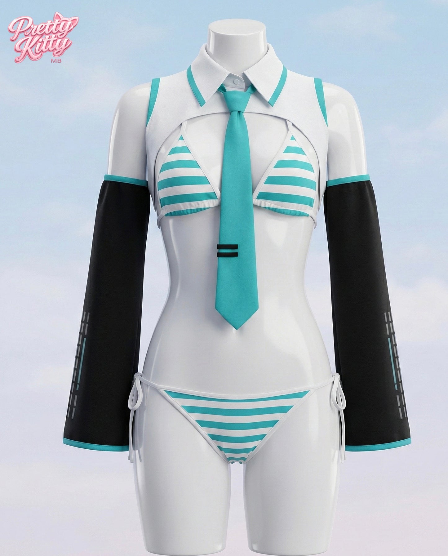 Front view of the Miku-inspired striped underwear set with tactical sleeves and necktie.