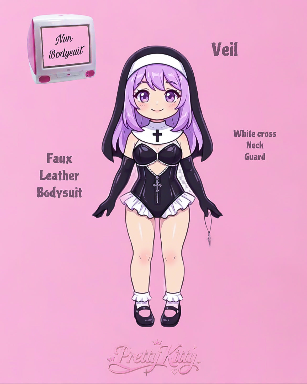 PrettyKitty faux leather nun bodysuit feature guide showing veil, white cross neck guard and glossy faux leather bodysuit details.