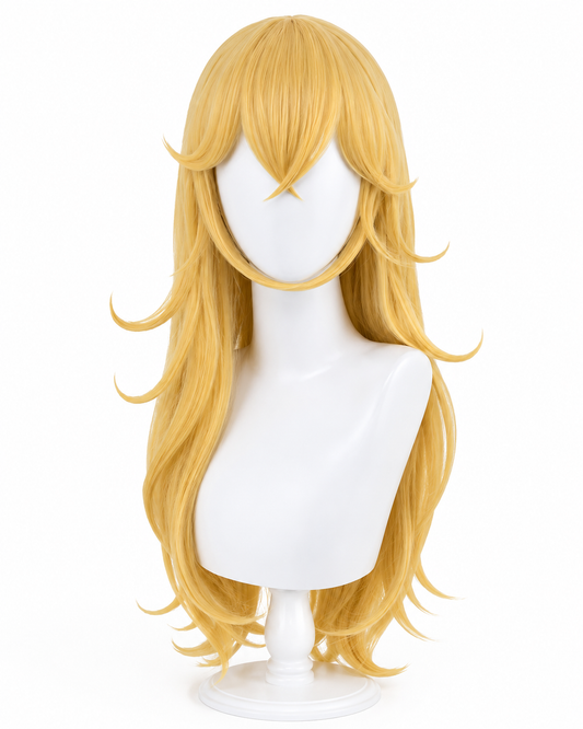 Blonde Princess Peach wig front view for Princess Peach Cosplay Wig & Crown – Super Mario Blonde Hair Set