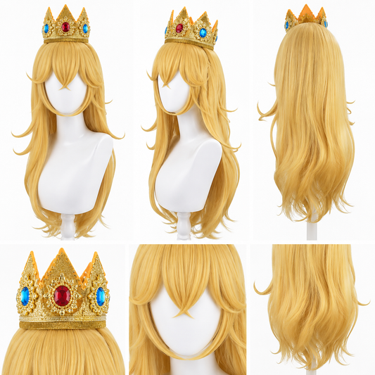 Princess Peach wig crown and angle details for Princess Peach Cosplay Wig & Crown – Super Mario Blonde Hair Set