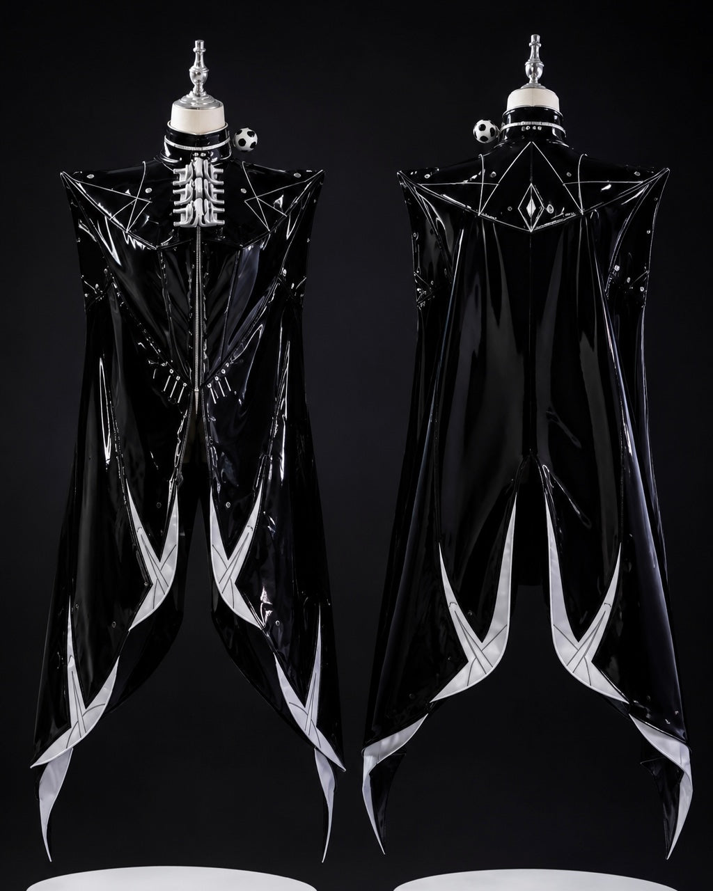 Multi-panel macro shots displaying the black patent vinyl coat, mechanical buckle fasteners, gauntlets, and crescent thigh armor.