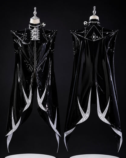 Multi-panel macro shots displaying the black patent vinyl coat, mechanical buckle fasteners, gauntlets, and crescent thigh armor.