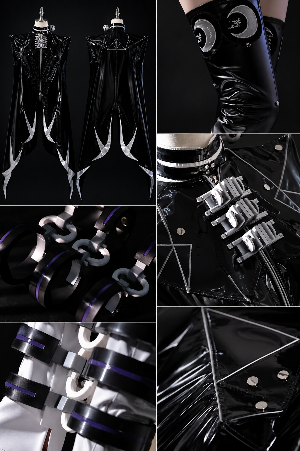 Front and back display of the structured black patent vinyl armored cape coat for the Zenless Zone Zero Promeia costume.