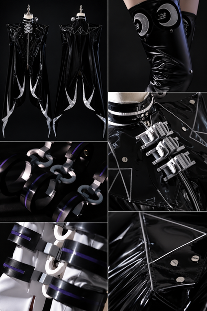 Front and back display of the structured black patent vinyl armored cape coat for the Zenless Zone Zero Promeia costume.