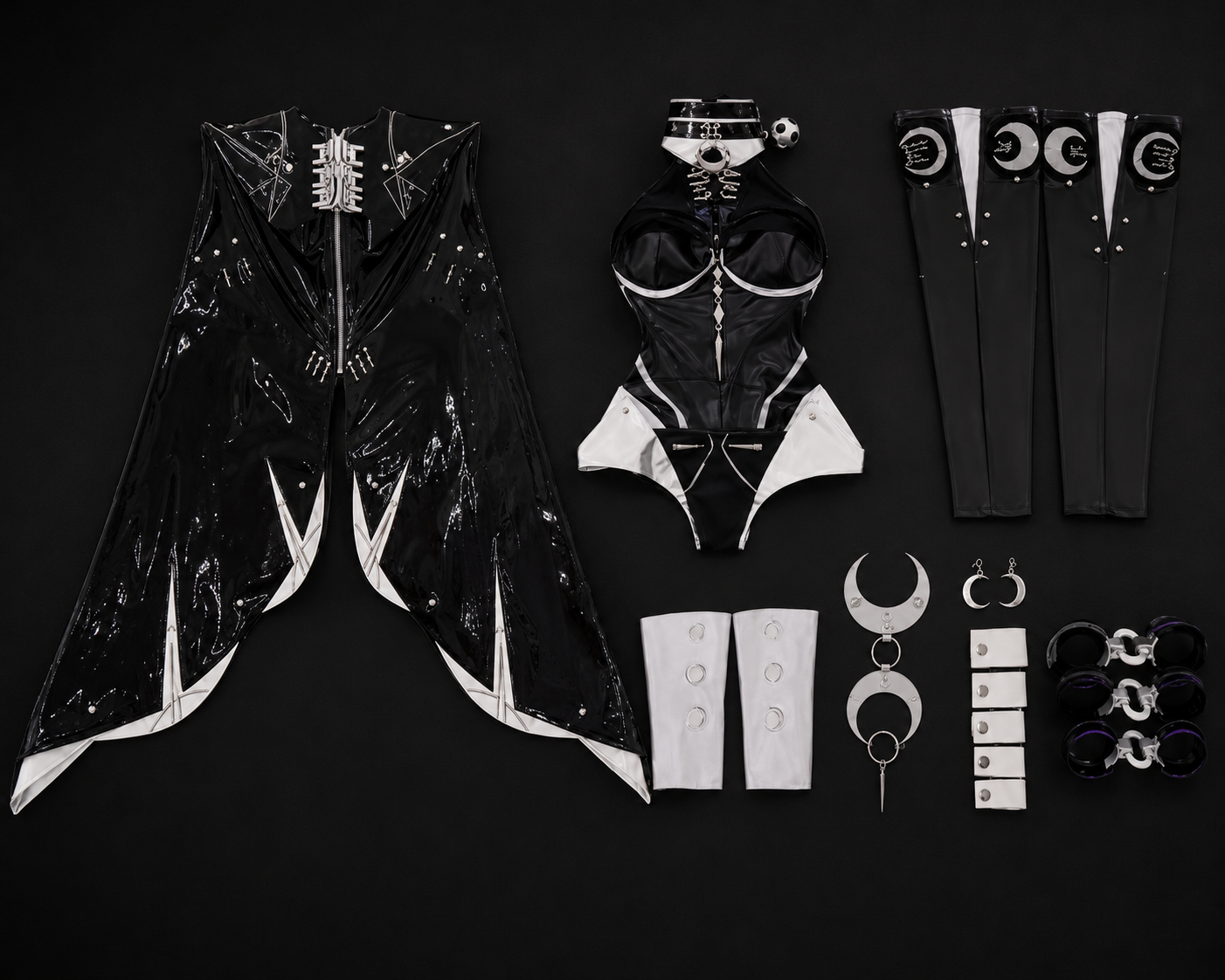 Complete flat lay view of the Promeia cosplay kit including vinyl coat, bodysuit, thigh boots, gauntlets, and crescent metal hardware.