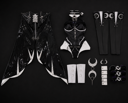 Complete flat lay view of the Promeia cosplay kit including vinyl coat, bodysuit, thigh boots, gauntlets, and crescent metal hardware.