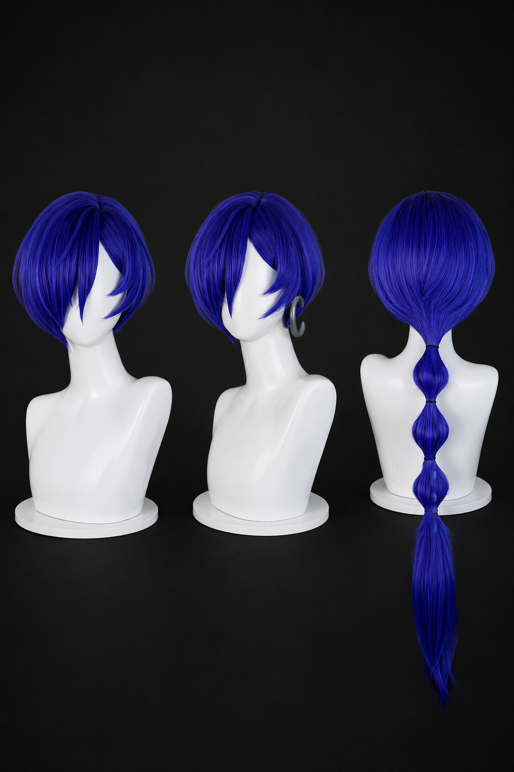 Front, side, and rear view of the royal indigo blue Promeia cosplay wig with segmented bubble ponytail from Zenless Zone Zero