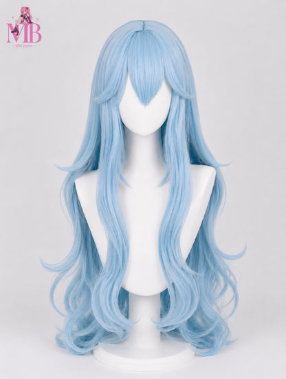 Rei Ayanami cosplay wig from Neon Genesis Evangelion featuring long pastel blue hair with layered anime bangs and soft wavy ends displayed on the MBCosplay signature white mannequin bust in premium studio lighting.