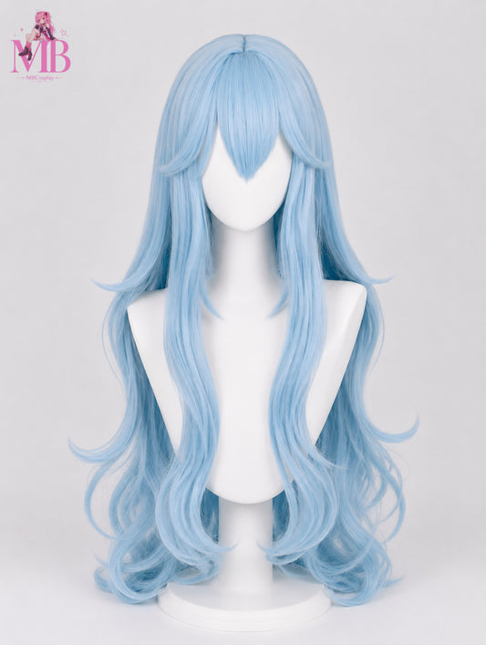 Rei Ayanami cosplay wig from Neon Genesis Evangelion featuring long pastel blue hair with layered anime bangs and soft wavy ends displayed on the MBCosplay signature white mannequin bust in premium studio lighting.