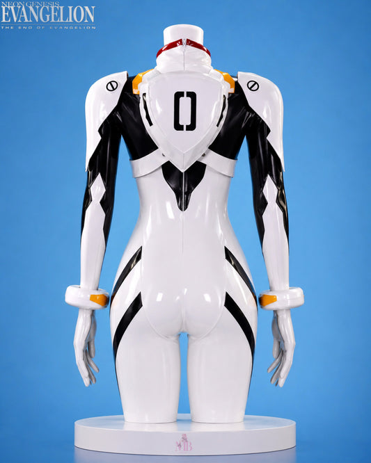 Back view of the Rei Ayanami Plugsuit cosplay costume from Neon Genesis Evangelion showcasing the detailed EVA pilot suit design.