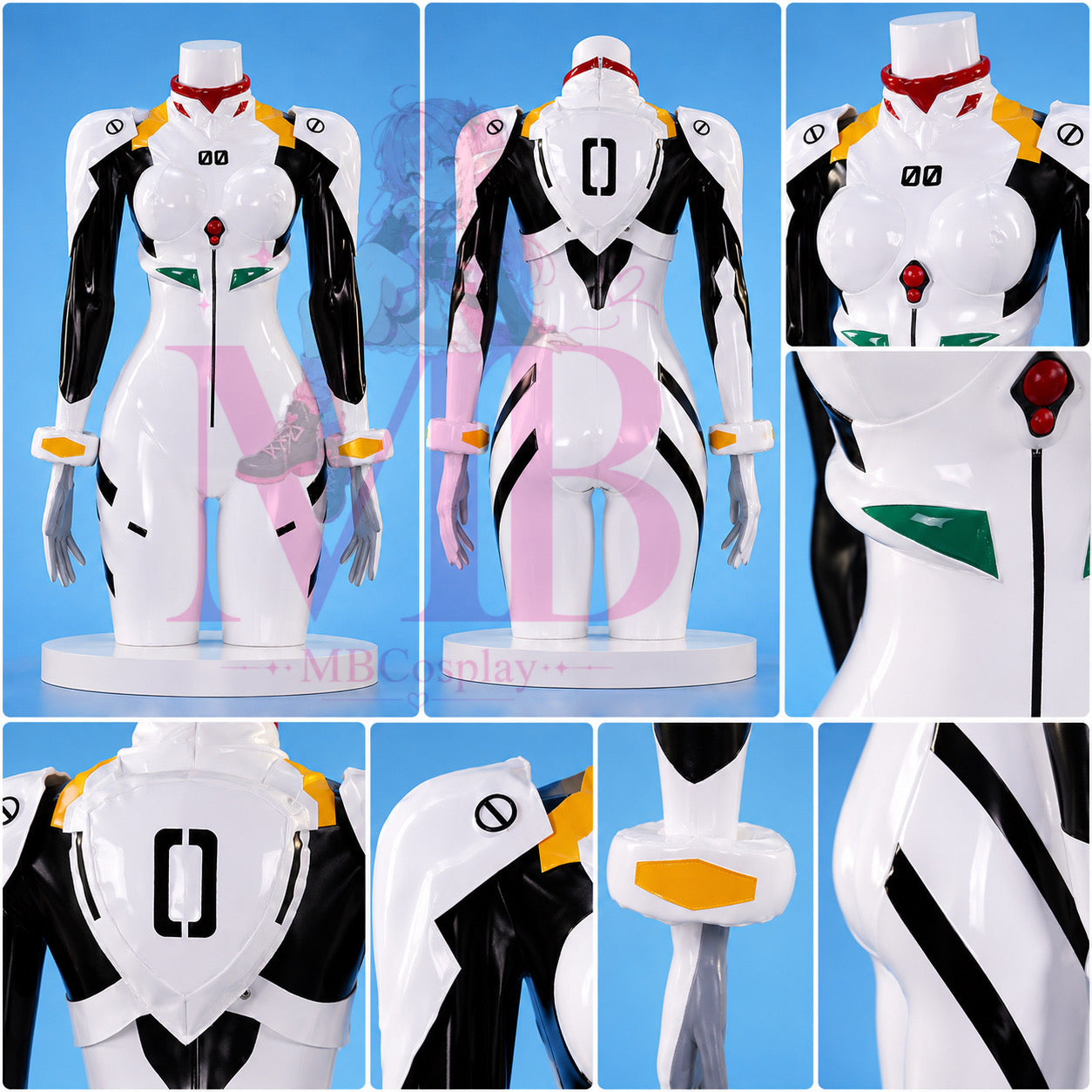 Rei Ayanami Plugsuit cosplay costume collage showing front, back and close-up details of the premium Neon Genesis Evangelion EVA pilot suit.