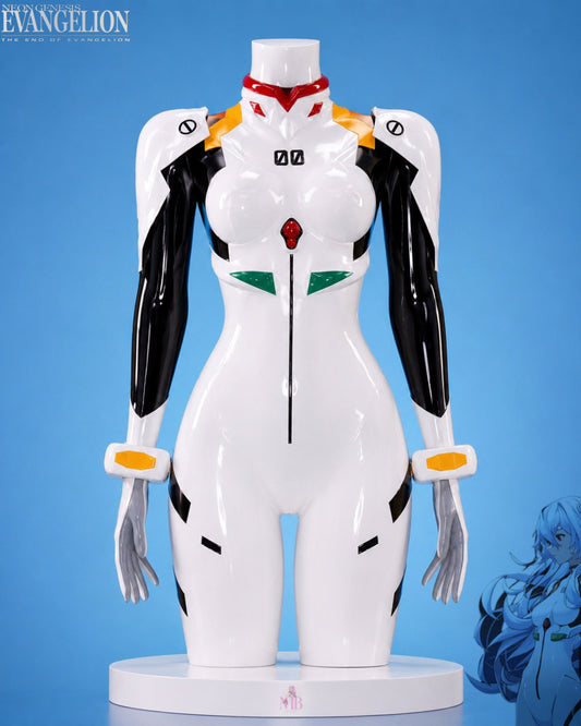 Front view of the Rei Ayanami Plugsuit cosplay costume from Neon Genesis Evangelion featuring the iconic white EVA pilot bodysuit.