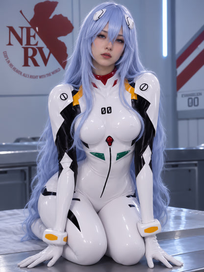 Rei Ayanami Plugsuit cosplay costume worn by a model from Neon Genesis Evangelion featuring the iconic white EVA pilot suit with long blue wig.