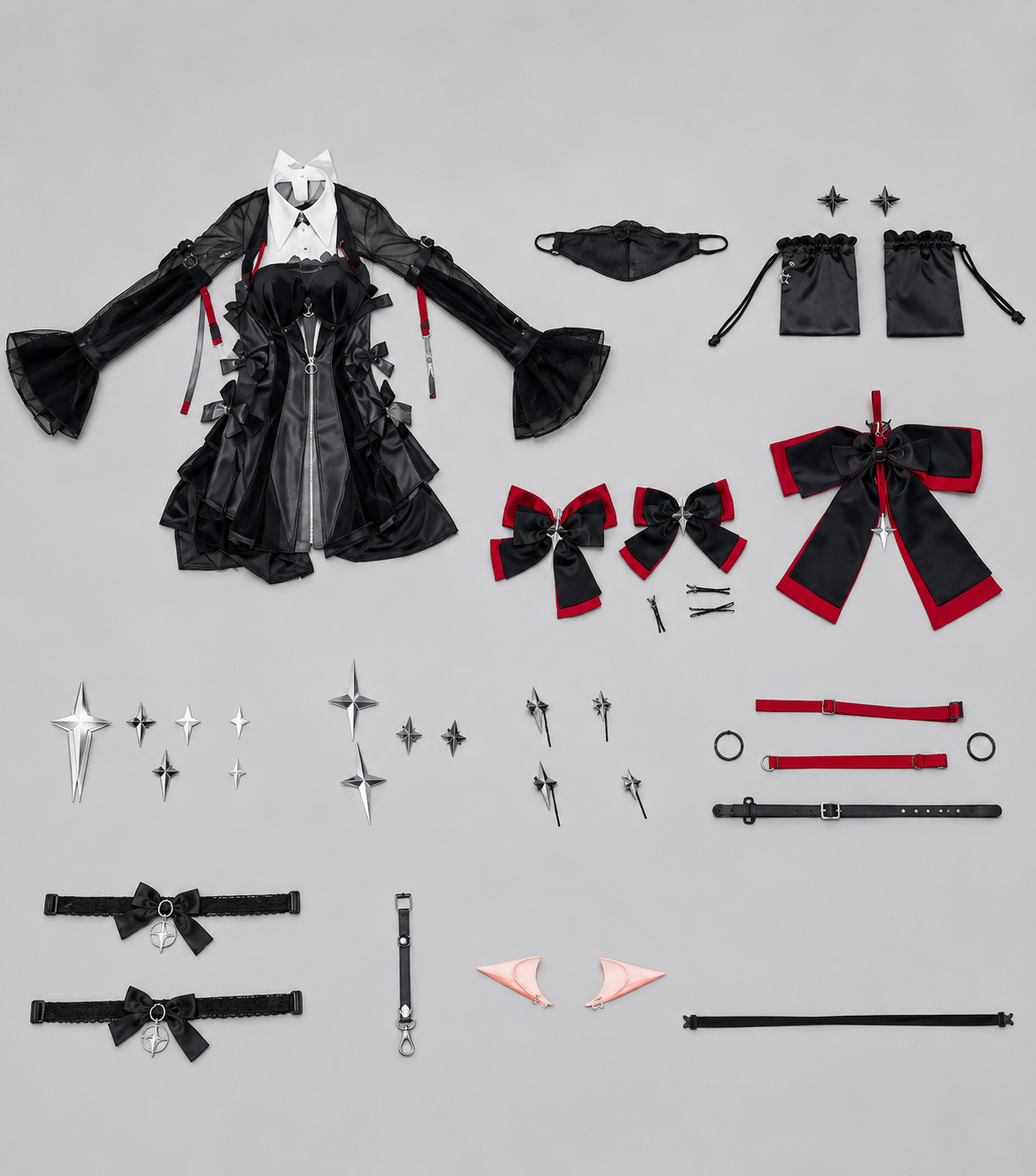 Comprehensive flat lay of Zenless Zone Zero Remielle Dan cosplay accessories including star pins, mask, and ribbons.