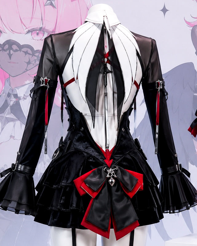 Rear view of Remielle Dan cosplay dress from Zenless Zone Zero showing white wing details and large satin bow.