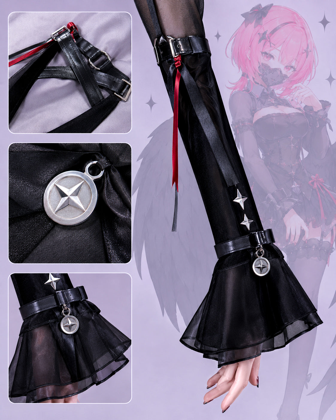 Detailed close-up of Remielle Dan cosplay sheer sleeves with silver star charms and ruffle cuffs