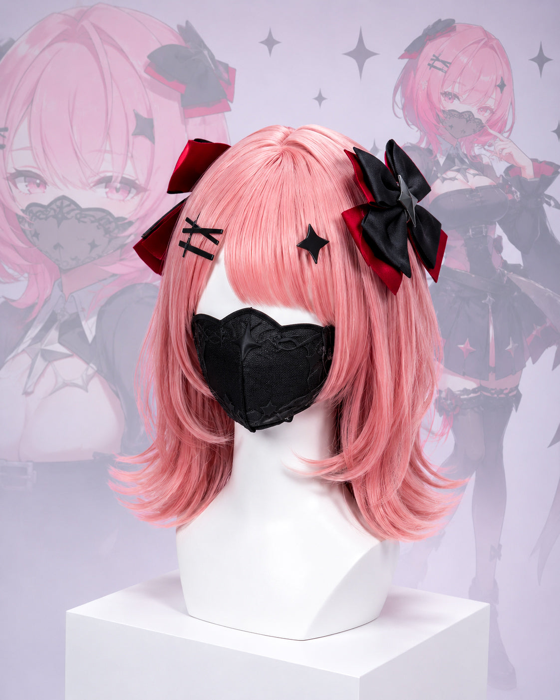 Pre-styled pastel pink bob cosplay wig with black and red bows and character face mask for Remielle Dan from ZZZ.
