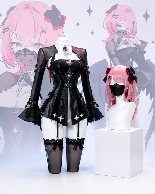 Full Zenless Zone Zero Remielle Dan cosplay costume set display with gothic dress, stockings, and pink wig on mannequin.