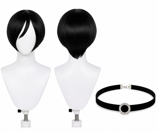 Short black bob wig front back and choker for Resident Evil Ada Wong Cosplay Wig – Short Black Bob Style