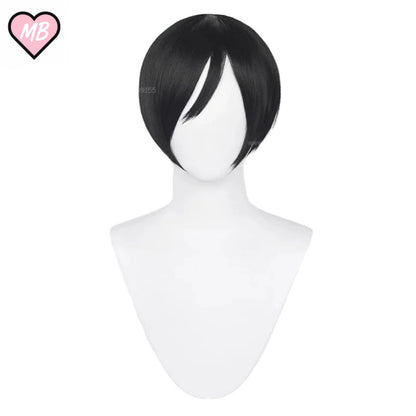 Mannequin head wearing a short, sleek, jet-black bob wig with an asymmetrical, side-swept fringe, often used for the character Ada Wong from Resident Evil.