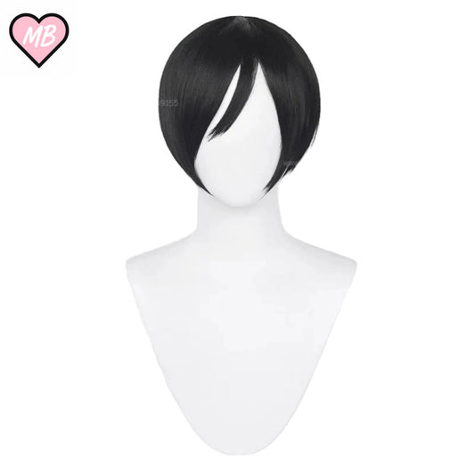 Mannequin head wearing a short, sleek, jet-black bob wig with an asymmetrical, side-swept fringe, often used for the character Ada Wong from Resident Evil.