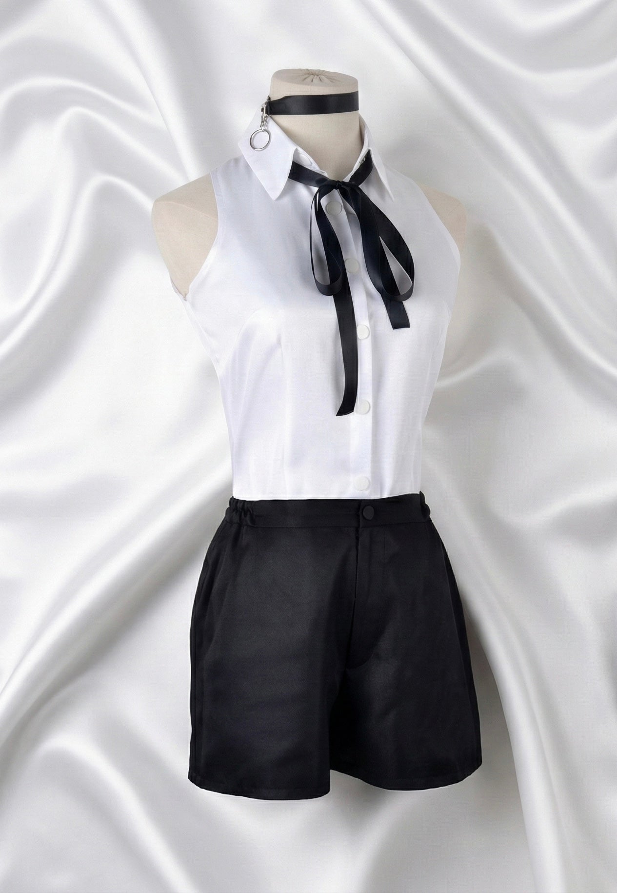 Reze from Chainsaw Man cosplay: white sleeveless shirt, black shorts, and choker.