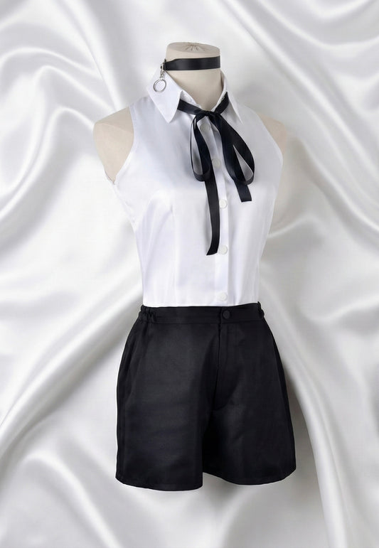 Reze from Chainsaw Man cosplay: white sleeveless shirt, black shorts, and choker.