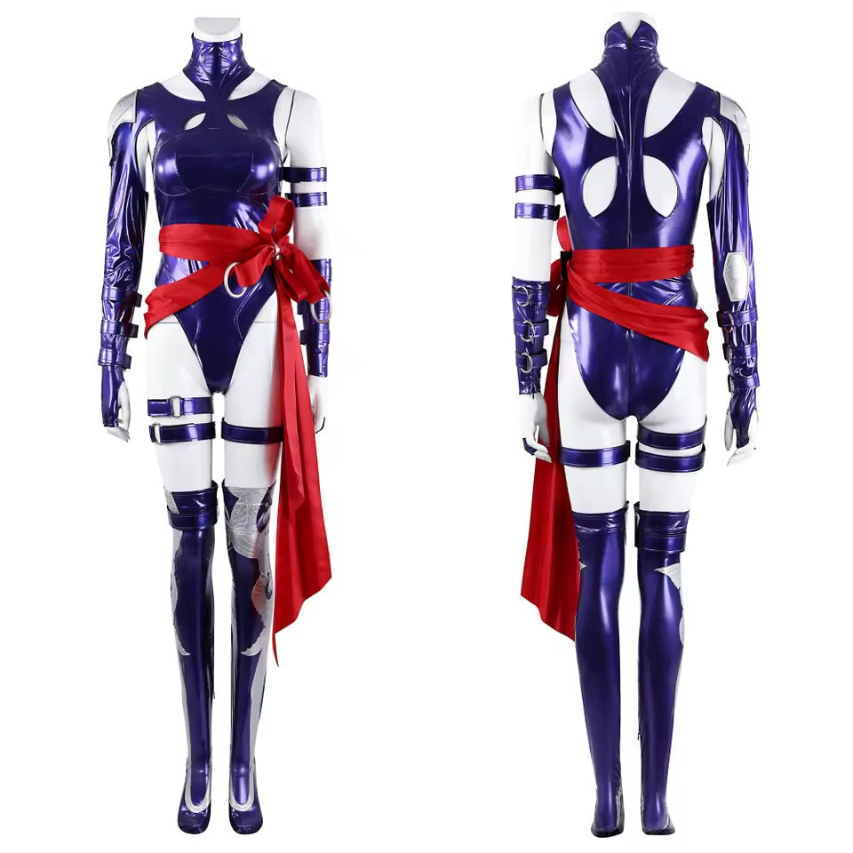Costume front and back comparison for Rivals Psylocke Cosplay Costume