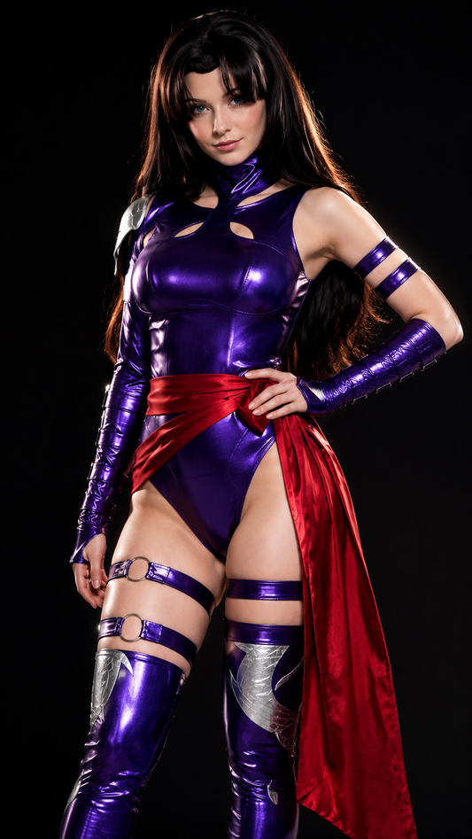 Rivals Psylocke Cosplay Costume - model wearing purple Psylocke costume