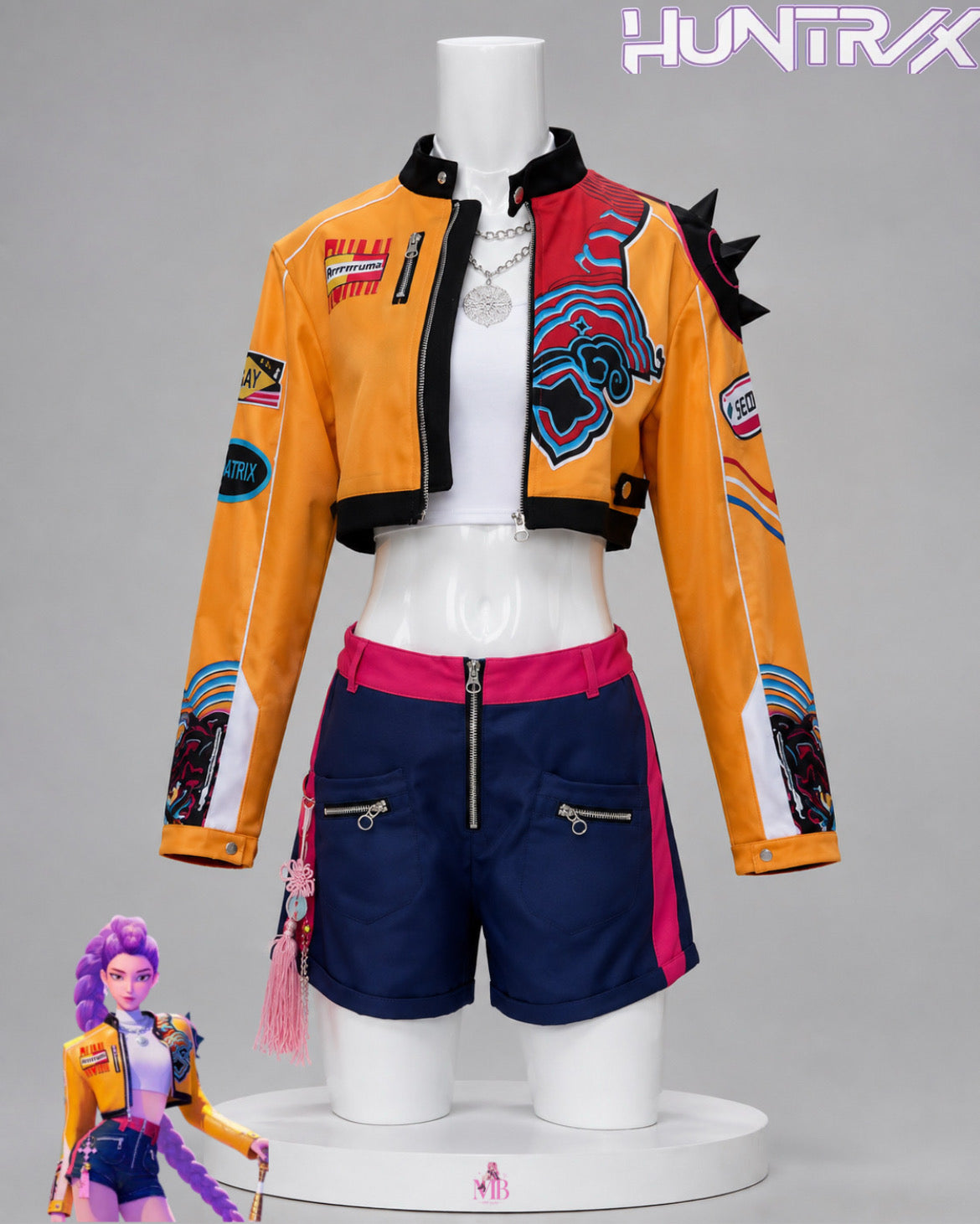 Rumi KPop Demon Hunters cosplay costume front detail with orange jacket and navy shorts