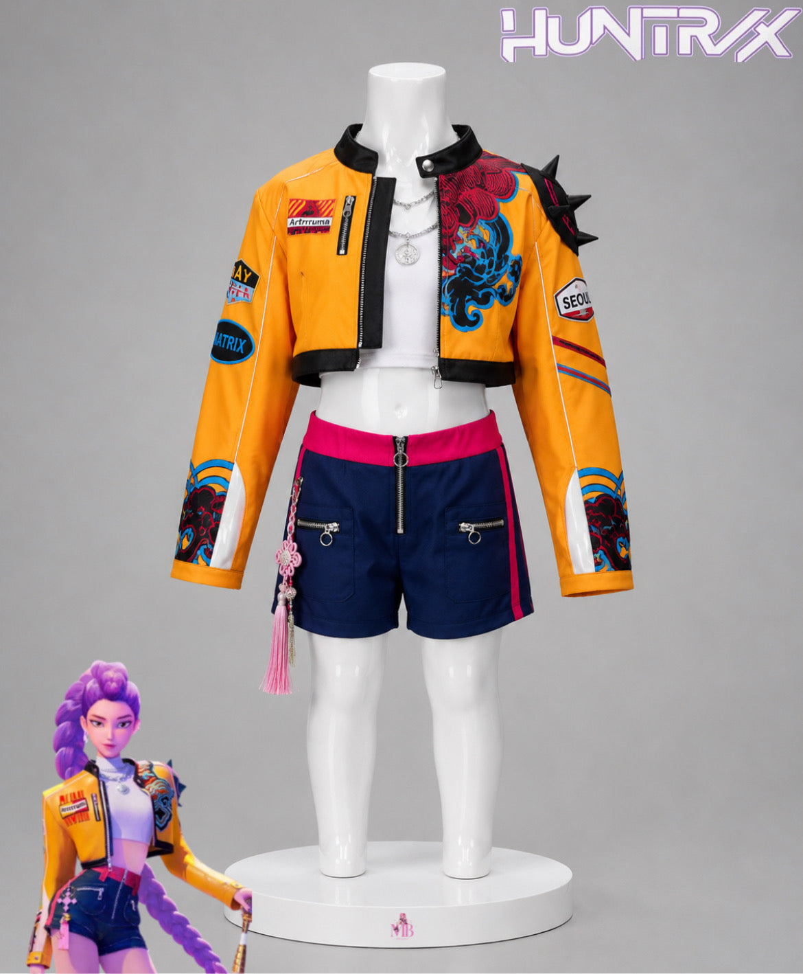 Rumi KPop Demon Hunters cosplay costume with orange cropped jacket, white top and navy shorts