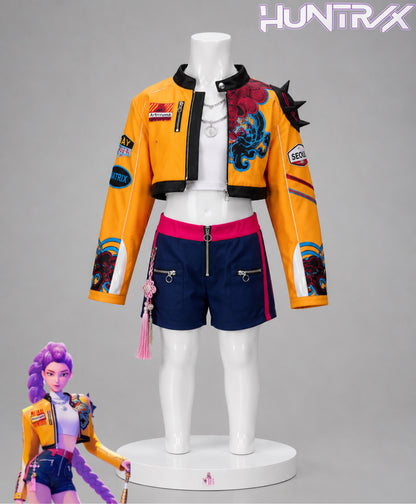 Rumi KPop Demon Hunters cosplay costume with orange cropped jacket, white top and navy shorts