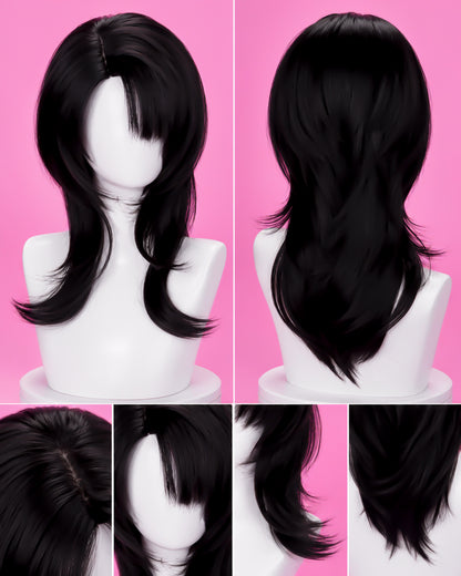 Sam Manson black cosplay wig shown from the front and back with side fringe, layered lengths and flicked ends