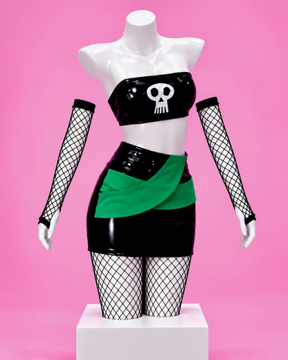 Angled front view of the Sam Manson Danny Phantom outfit with white skull emblem, green wrap panel and fishnet gloves