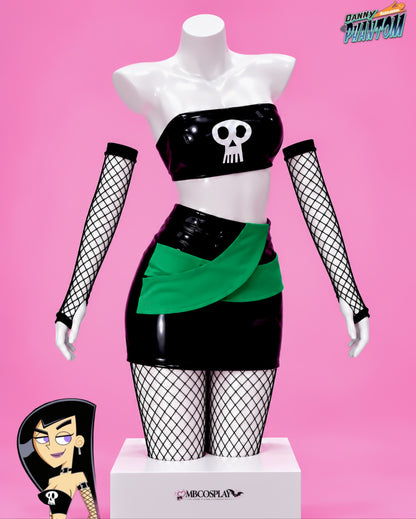 Front mannequin view of Sam Manson's Danny Phantom cosplay with skull bandeau top, green-trim skirt and fishnet accessories
