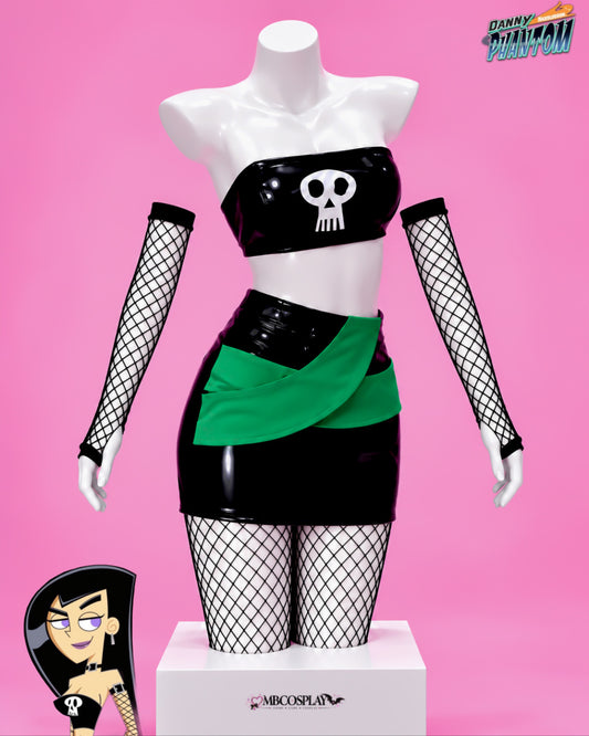 Front mannequin view of Sam Manson's Danny Phantom cosplay with skull bandeau top, green-trim skirt and fishnet accessories