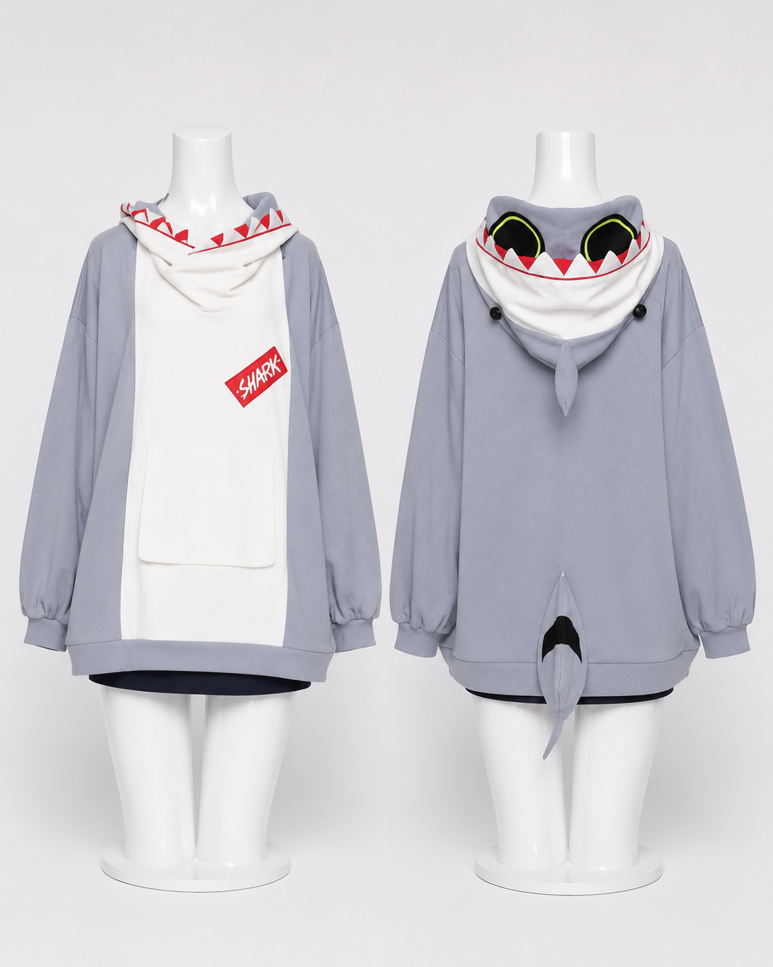Front and back views of the blue-gray Sharkboo hoodie with shark fin, tail, and embroidered eyes details.