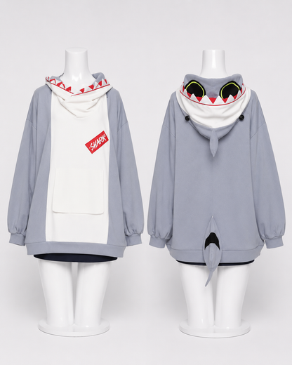 Front and back views of the blue-gray Sharkboo hoodie with shark fin, tail, and embroidered eyes details.