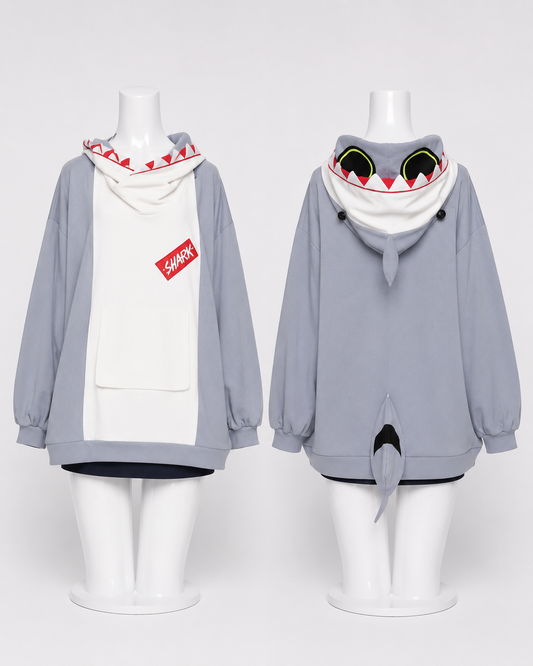 Front and back views of the blue-gray Sharkboo hoodie with shark fin, tail, and embroidered eyes details.