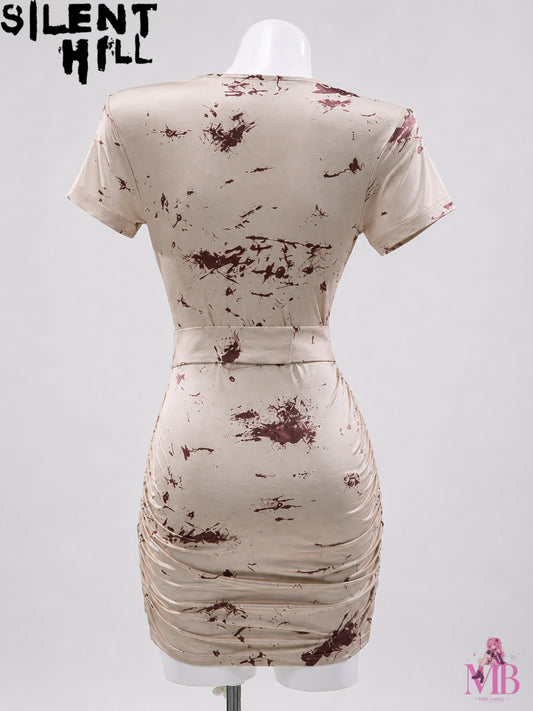 Silent Hill 2 Bubble Head Nurse cosplay costume back view with blood-splattered cream nurse dress